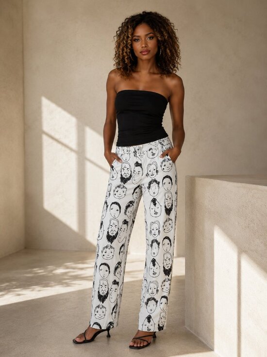 Shekou Pants - SHEKOU Straight Leg Pants Small Artsy Graffiti Faces Doodle Streetwear Punk Rave